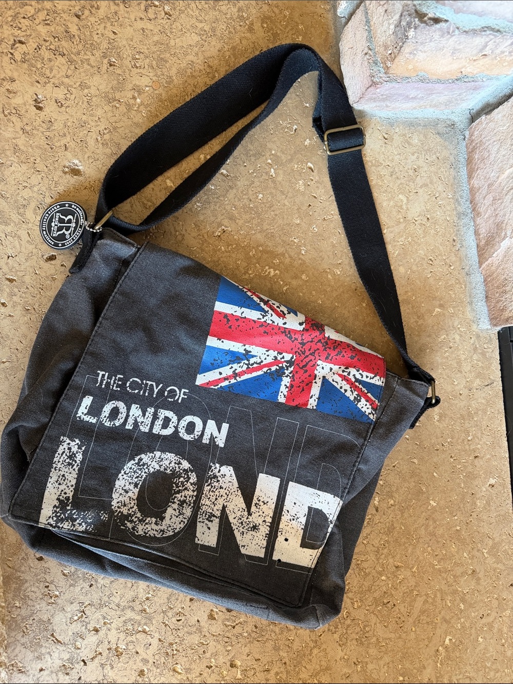 Robin Ruth Gray Canvas Messenger Bag with Red, Blue and White Union Jack